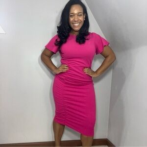 Rachel Roy pink midi dress flutter sleeve fitted bodycon fuchsia dress barbie